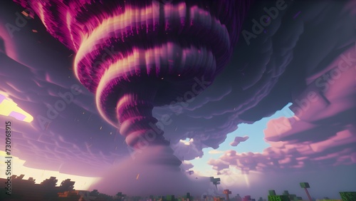Minecraft inspired colorful tornado. Minecraft style texture. Minecraft game world cube voxel surface landscape. Generative AI