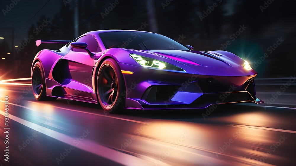 Fototapeta premium Futuristic super car in the city highway. Fast moving sports car. Car in motion. generative AI