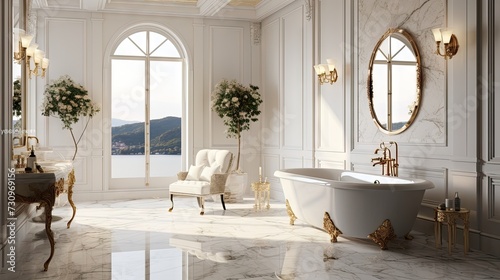 a classical bathroom with white marble floor and wall tiles in a brick pattern. Golden objects adorn the room  which boasts large windows overlooking a terrace and nature.