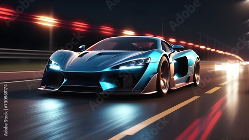 Futuristic super car in the city highway. Fast moving sports car. Car in motion. Generative AI