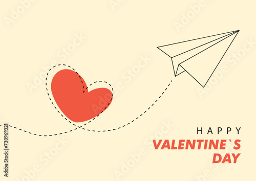 Valentine`s day card with heart and paper airplane, vector illustration