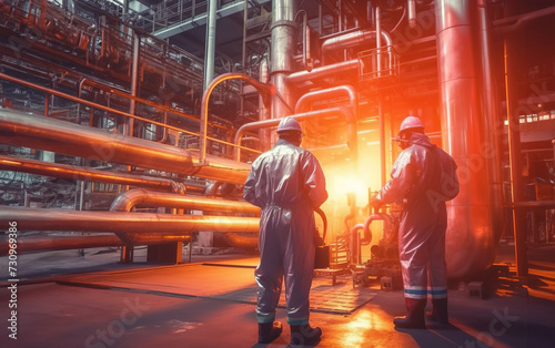 Two workers in protective wear of the plant working among engineered metal structures and pipelines.