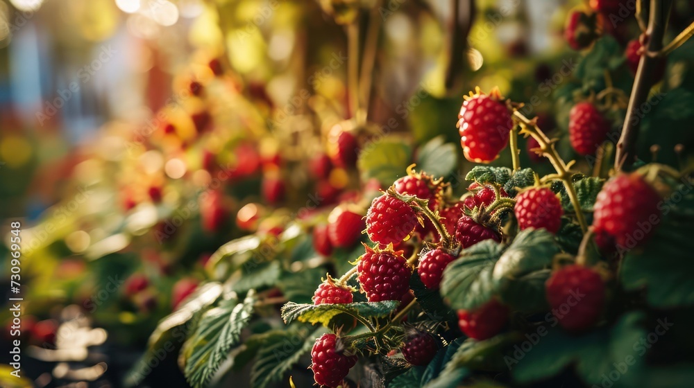 closeup photography Raspberry, highlighting its vibrant red color and delicate structure, arranged in a whimsical dollhouse-inspired berry garden scene