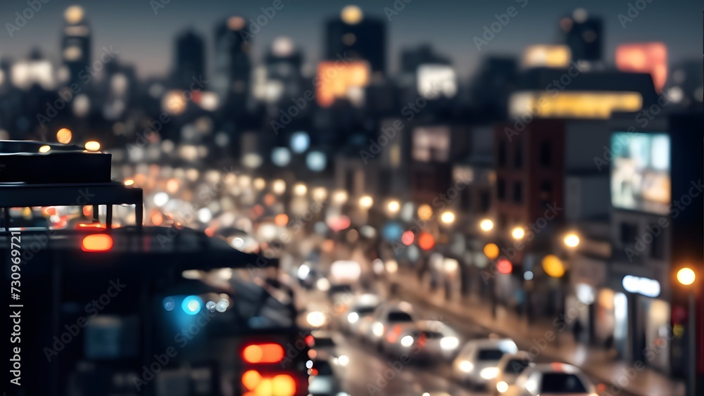 City street traffic lights out of focus. Bokeh for wallpaper background. Generative AI