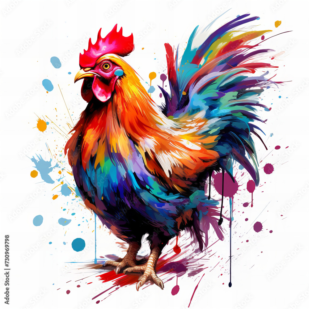 Vibrant Watercolor Rooster Artistic Splatter - Colorful Farm Animal Illustration Perfect for Modern Design and Creative Agricultural Branding