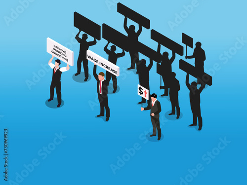Crowd of upset workers protesting against low wages 3d isometric vector illustration