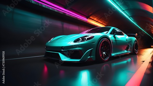 Sports car supercar fast driving in dark tunnel neon glowing lights. Colorful lights trails long exposure. Generative AI