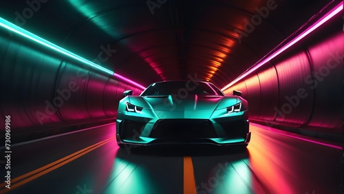 Sports car supercar fast driving in dark tunnel neon glowing lights. Colorful lights trails long exposure. Generative AI © Janis