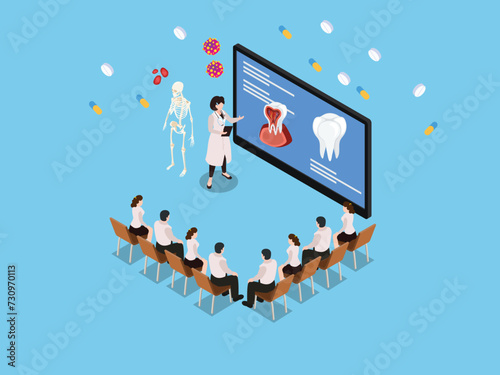 Medical students learning stomatology, education, woman tutor or teacher talks about oral hygiene and dental care 3d isometric vector illustration