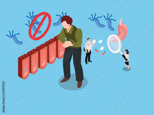 tiny doctors study effect of wine, fast food diet and Helicobacter pylori on gastric mucos 3d isometric vector illustration