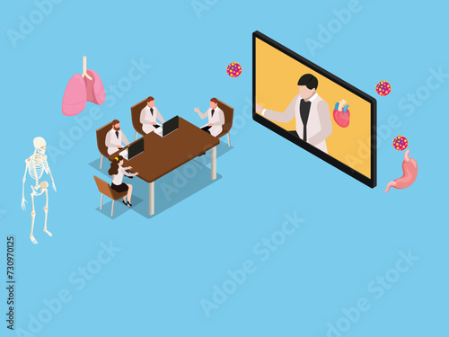 Medical professionals having a meeting watching webinar on online platform 3d isometric vector illustration