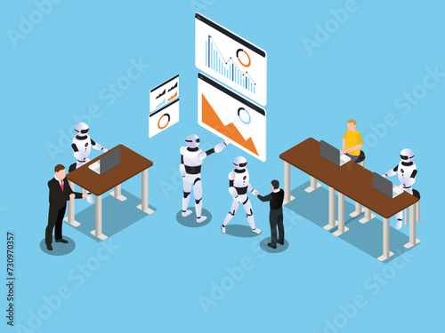 Robotic worker, humans and robots work together in futuristic workplace 3d isometric vector illustration
