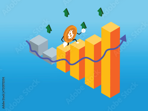 Bitcoiin character climbing up a chart 3d isometric vector illustration