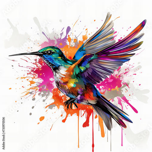 Vibrant Watercolor Hummingbird in Flight with Colorful Paint Splatters - Artistic Nature Illustration for Creative Design Use