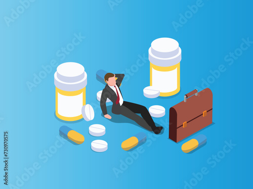 Business man person addicted to prescription drugs pills 3d isometric vector illustration
