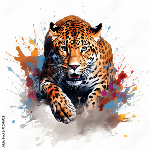 Vibrant Artistic Leopard Illustration with Dynamic Watercolor Splash Effects - Modern Wildlife Art for Creative Projects
