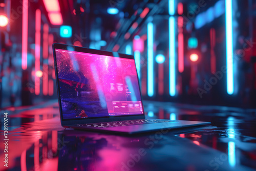 Glowing Gadgetscape: Laptop Suspended in Neon Wonderland