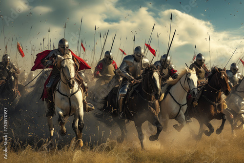 Medieval Knights in Full Plate Charging on Horseback photo