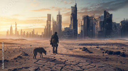 Man and his dog in desolate post-apocalyptic city with mix of buildings and skyscrapers in various states of destruction surrounded by barren and arid environment. photo