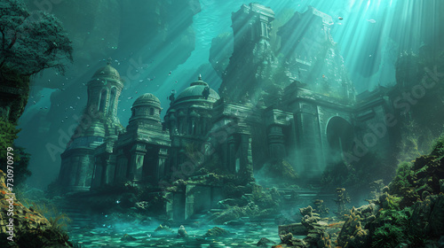 Fantasy underwater seascape with lost city.