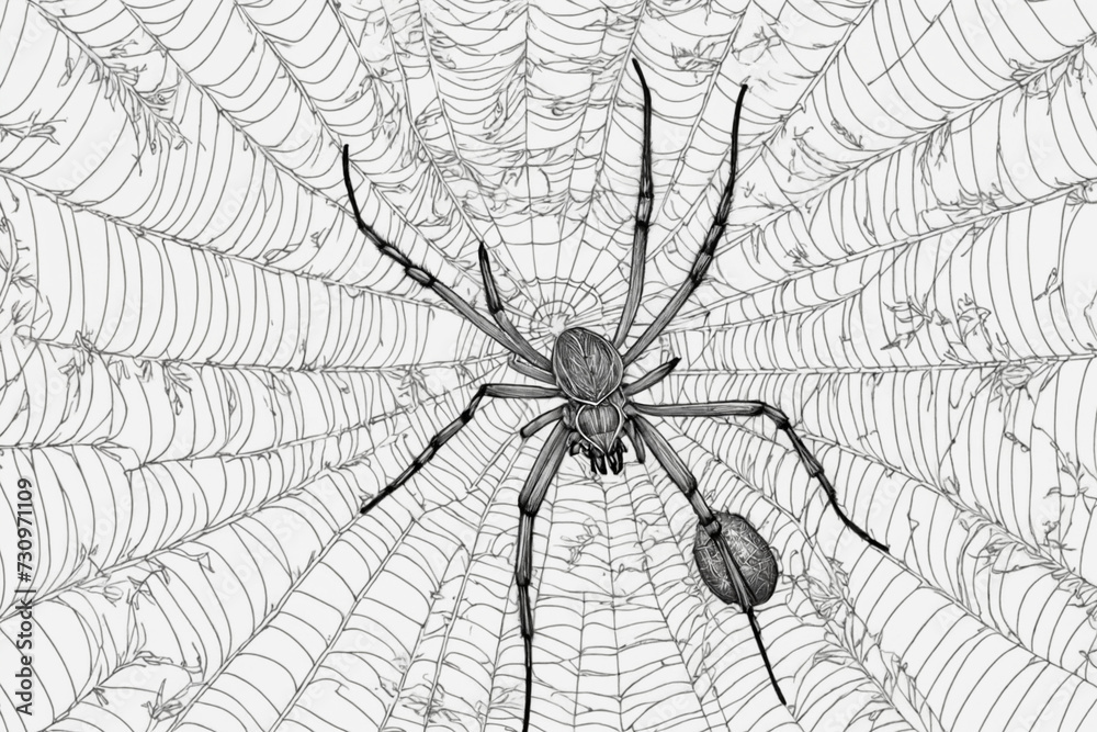 Obraz premium Hand drawn black and white illustration spyders and web. Generative Ai