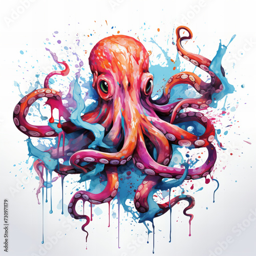 Vibrant Abstract Octopus Art: Colorful Watercolor Splashes and Dynamic Tentacles - Creative Marine Life Illustration