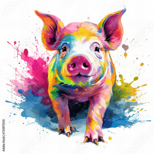Vibrant Watercolor Piglet with Splashes of Colorful Paint - Artistic Illustration for Posters, Cards, and Creative Projects