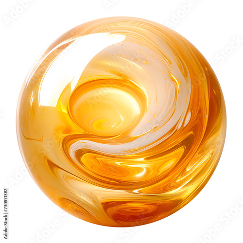 Golden Yellow glass marble isolated on white transparent background, PNG