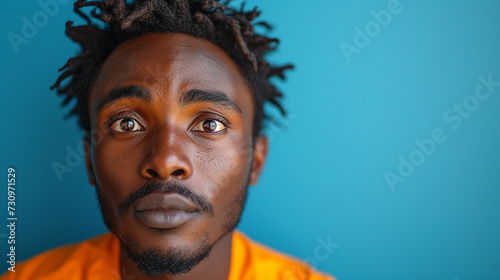 Portrait of a confused puzzled minded African American man in orange top isolated on blue background