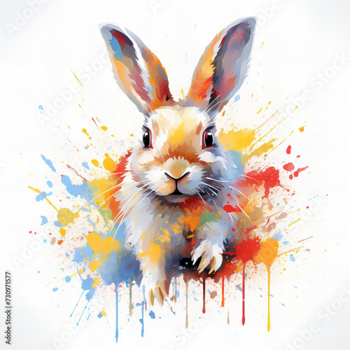 Vibrant Watercolor Explosion with Cute Rabbit Art Illustration for Creative Backgrounds and Design Use - High Resolution