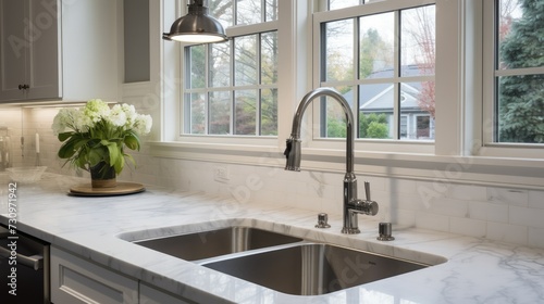 Detailed shot of kitchen sink with marble countertop, white cabinets, stainless steel fixtures, and pendant light by window.