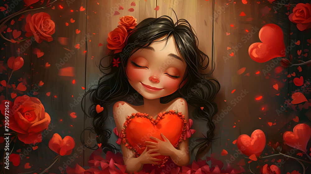 Cute beautiful girl with red heart on wooden background. Valentine's Day. Cute beautiful girl with red heart on wooden background. Valentine's Day.