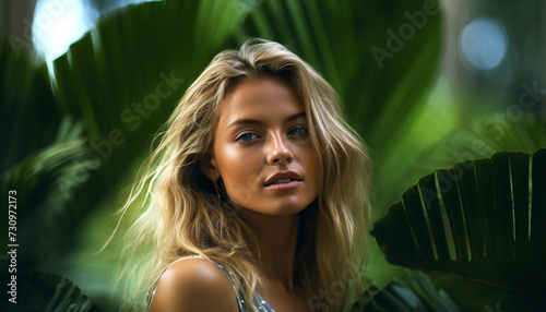 Portrait of young blond woman in jungle, skin care beauty, skincare cosmetics, natural make up, green leaf.  © Mladen