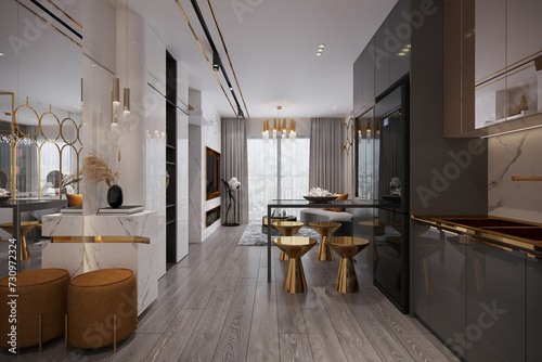 Stylish apartment interior with modern kitchen, black and golden accents color used for furnishings.