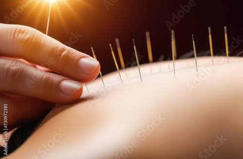 Acupuncture treatment on skin, close-up photo