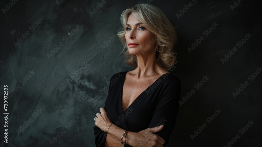 Photo of gorgeous mature old woman standing isolated over dark background wall looking camera with arms crossed. Photo of gorgeous mature old woman standing isolated over dark background wall looking camera with arms crossed.