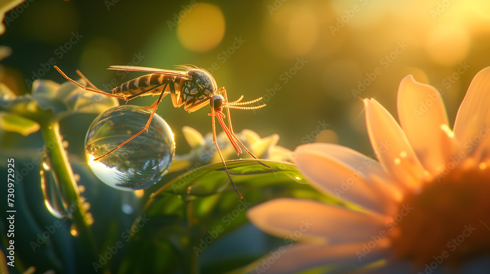 Naklejka premium Sundown Gleam on Mosquito Resting on Dewy Flower