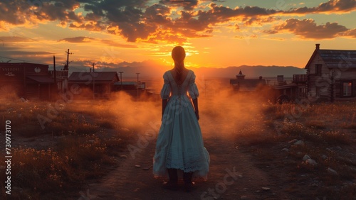 Stunning Lady in Cowboy Town: Rustic Charm of Western Frontier at Golden Hour