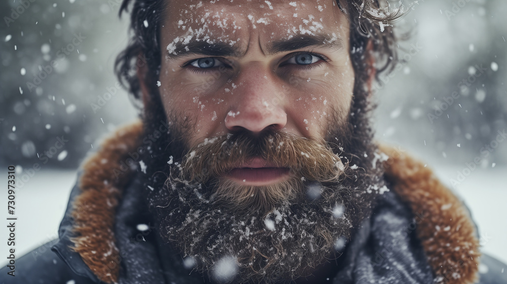 Close-up A man face covered in snow. Cold weather Close-up A man face covered in snow. Cold weather