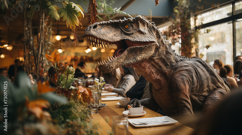 dinasour head figure sitting on chair using and eating in restaurant. Animal Food Concept