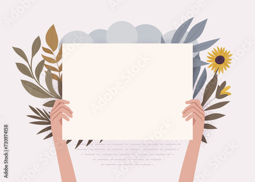Blank banner, white paper sheet, empty card mockup hold in hands. Blog or social media info poster. Information, greeting, holiday invitation, business announcement template on botanical background