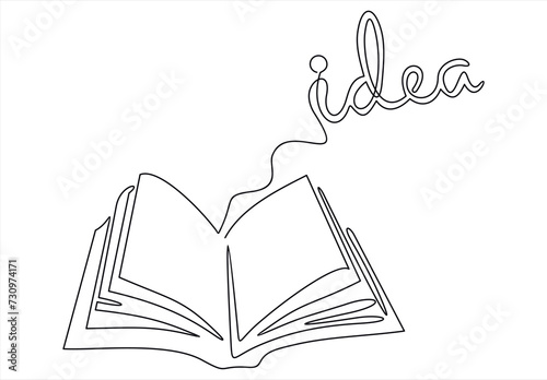 One continuous line of opened book with word IDEA. Thin Line Illustration vector concept. Contour Drawing Creative ideas.