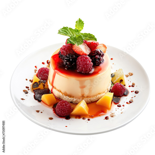 Caramel Flan with Berry Topping on Transparent Background