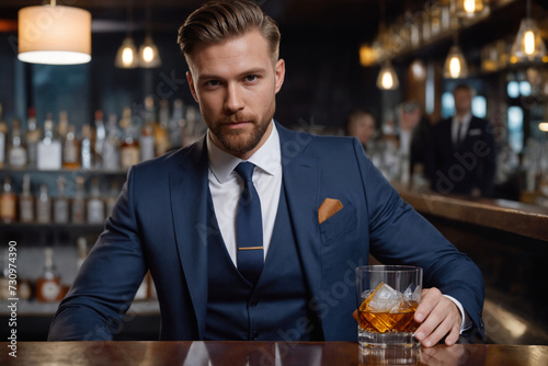 A attracrive man in an elegant expensive suit hold a glass of whiskey on blurred bar background. An unrecognizable man holds a glass with an expensive alcoholic drink. Generative Ai