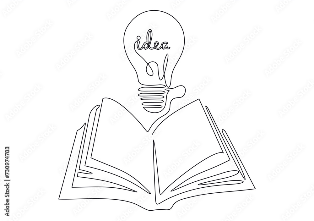 Light bulb above book continuous one line art drawing. Line drawing open book with lamp idea symbol. School education concept. Vector illustration isolated on white. Light bulb above book continuous one line art drawing. Line drawing open book with lamp idea symbol. School education concept. Vector illustration isolated on white.