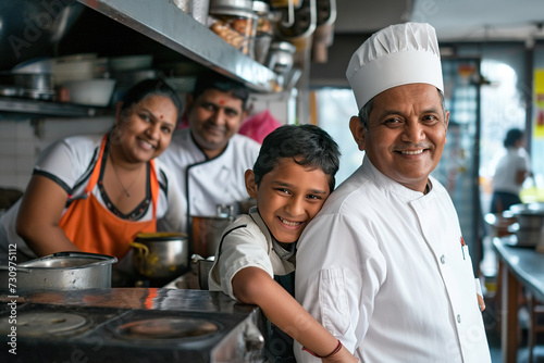Indian family cook in restaurant kitchen. photo