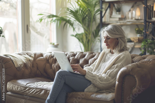 aged woman sitting on sofa at home and using laptop photo