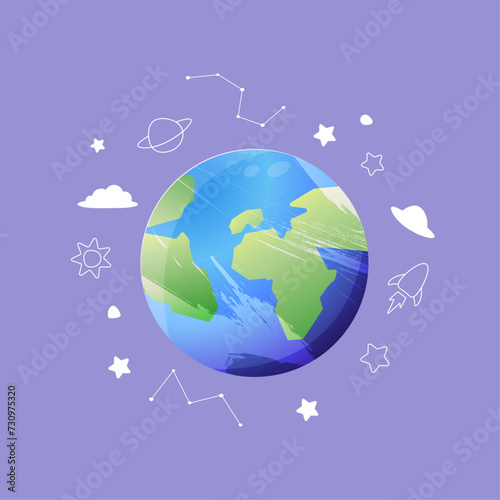 card with symbol of earth planet  globe on  purple background  blue and green vector of word with sun cloud rocket and stars