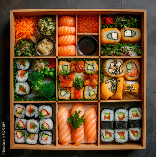 A wooden bento box knolling plenty of bento ingredients and sushi
