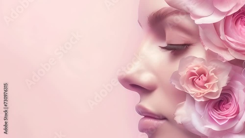 Portrait of a woman in profile, her face gently merging with delicate pink roses